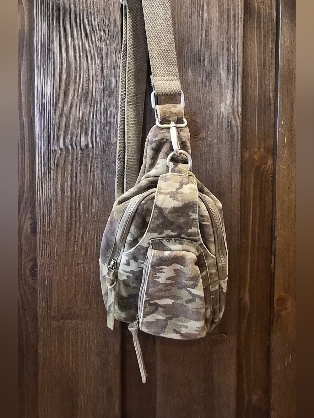 Free People Camouflage Crossbody Sling Bag - Olive Camo Suede